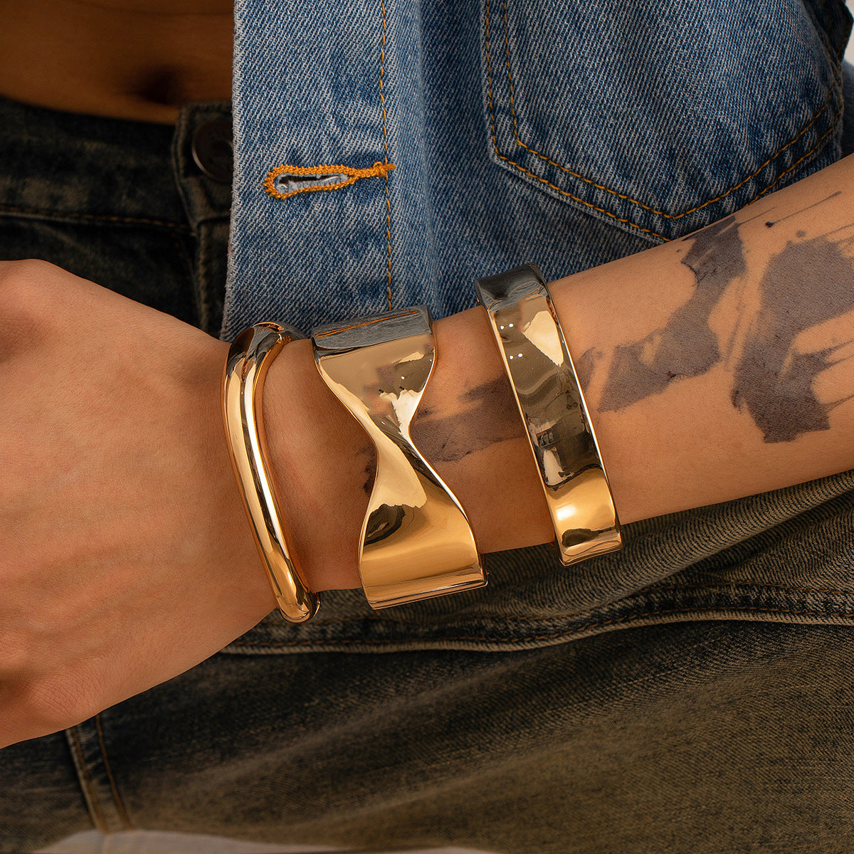 Hip-hop Men's Geometric Round Oval Plated Alloy Cuff Bracelet