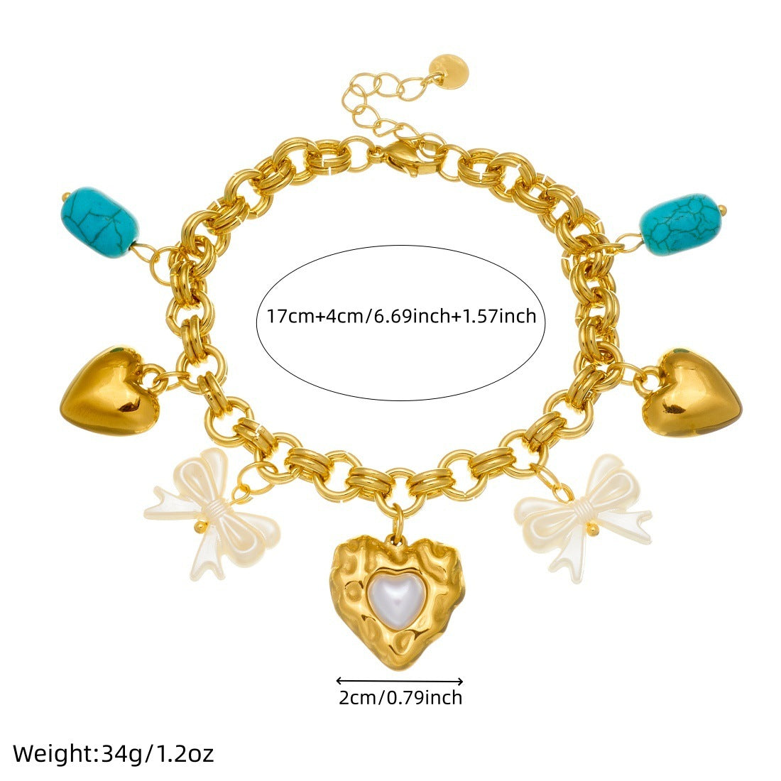 Fashion Cartoon Heart Bow Pearl Plated Stainless Steel Charm Bar Bracelet for Women