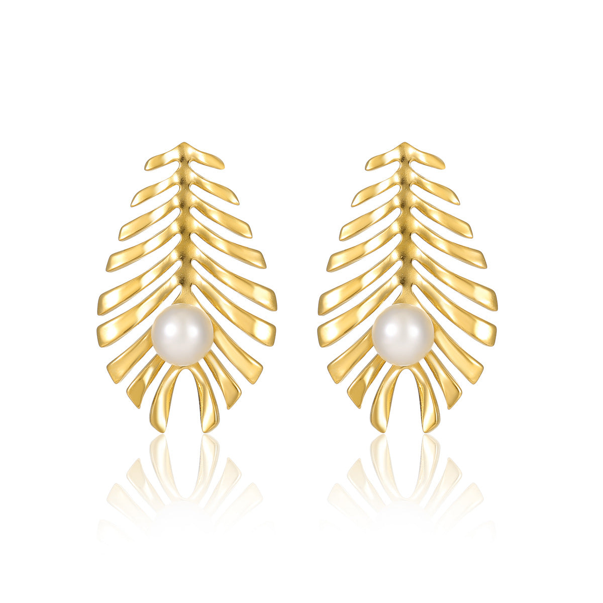 Pendientes de Acero Inoxidable con Forma de Hoja Estilo Vintage con Incrustaciones de Perlas y Baño de Oro de 18K para Mujer