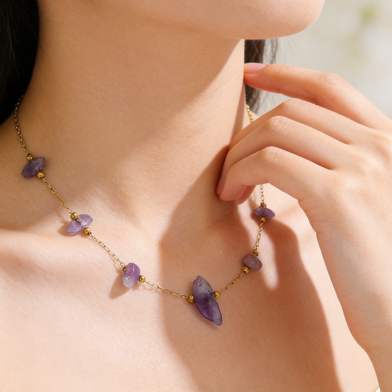 Sweet Elegant Geometric Titanium Steel Gold Plated Irregular Natural Stone Necklace and Bracelet Set for Women