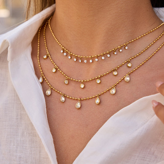 Luxury Geometric Water Drop 18K Gold Plated Titanium Steel Zircon Bead Chain Necklace for Women