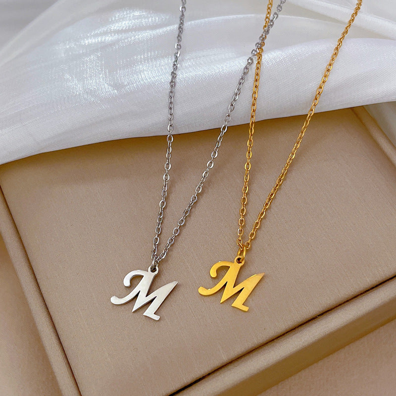 Minimalist Geometric Letter M Pendant Necklace in Titanium Steel with Gold Plating for Women and Men
