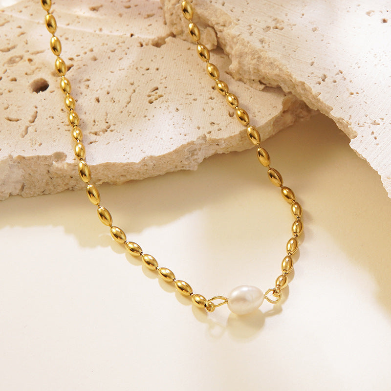 Elegante Set di Gioielli in Acciaio Inossidabile Placcato Oro 18K con Perle e Forme Geometriche da Donna