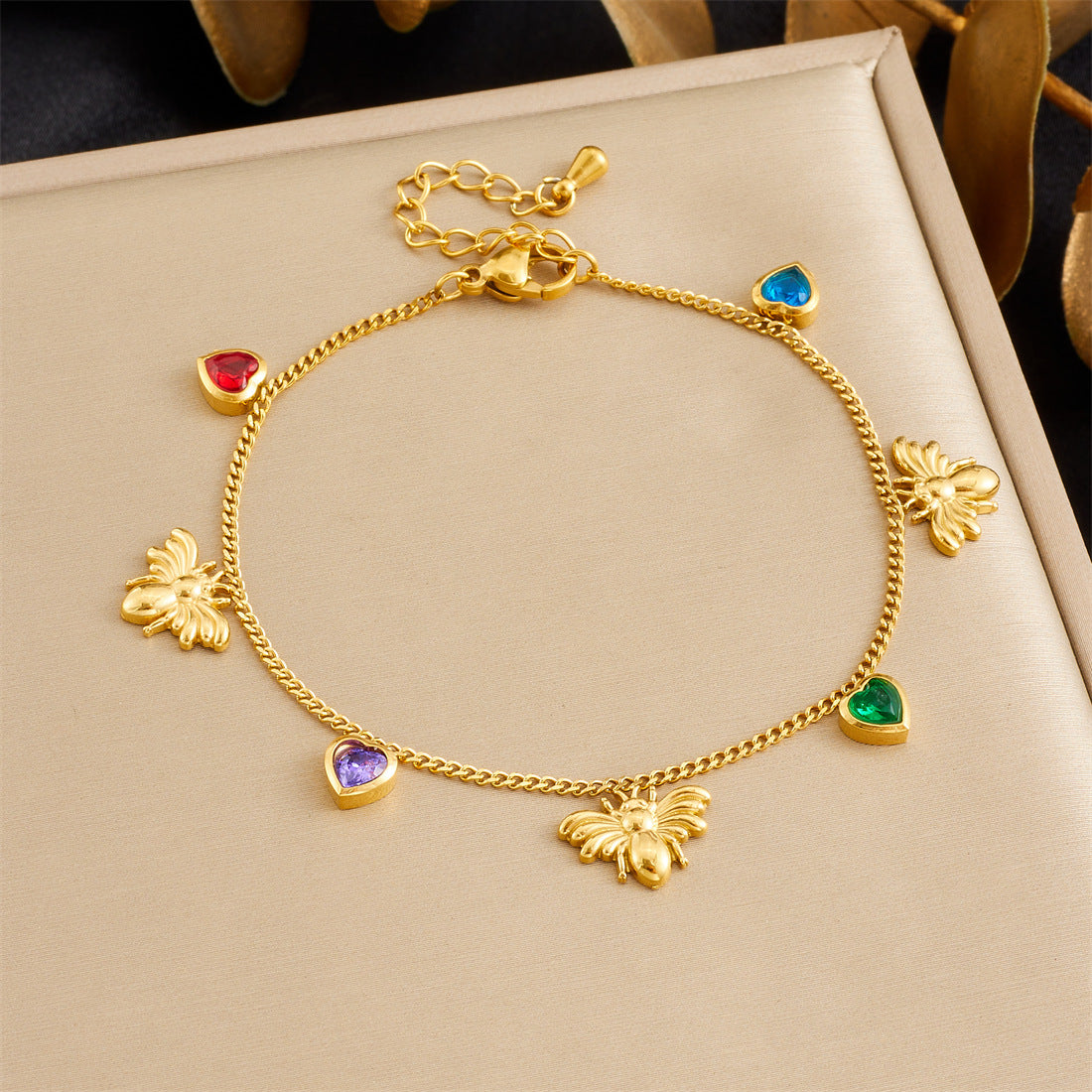 Minimalist Sweet Stainless Steel Drip Oil Plated Heart Floral Fruit Rhinestone Bracelet