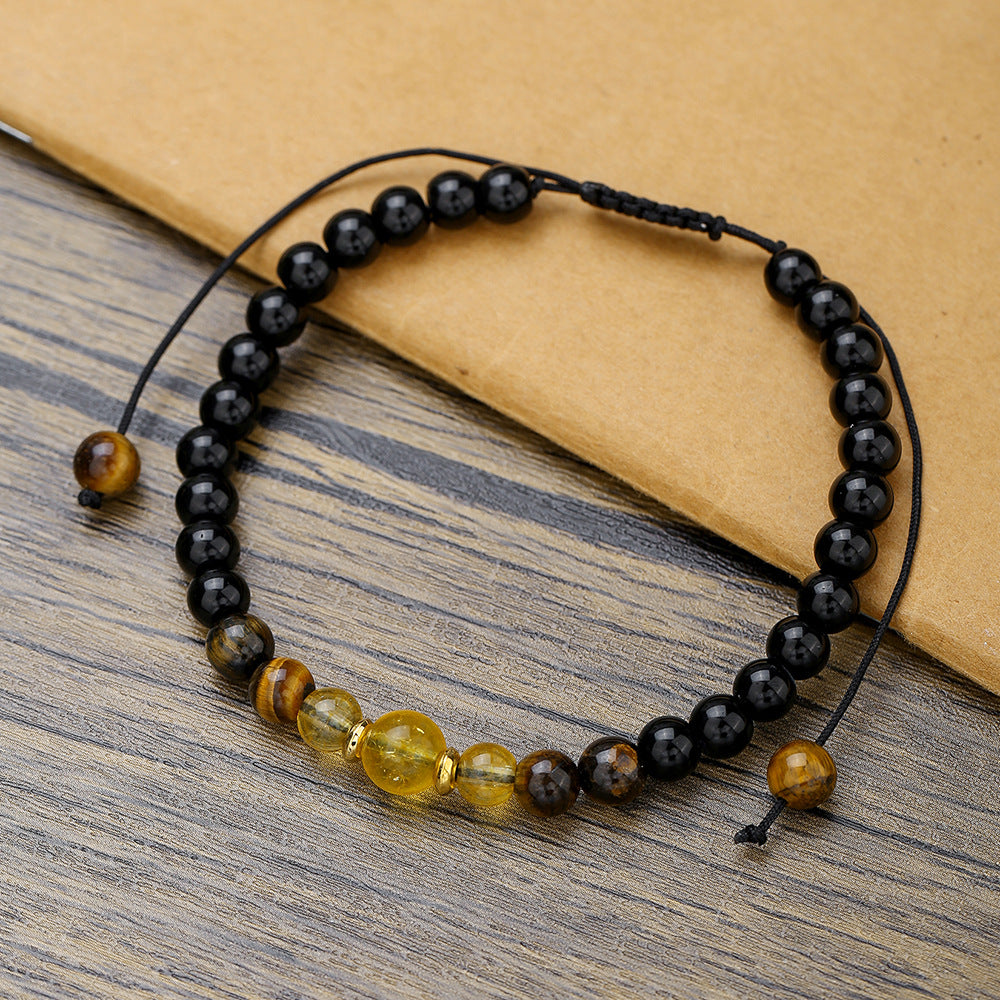 Vintage Bohemian Geometric Black Agate Yellow Crystal Tiger Eye Beaded Energy Bracelet for Unisex