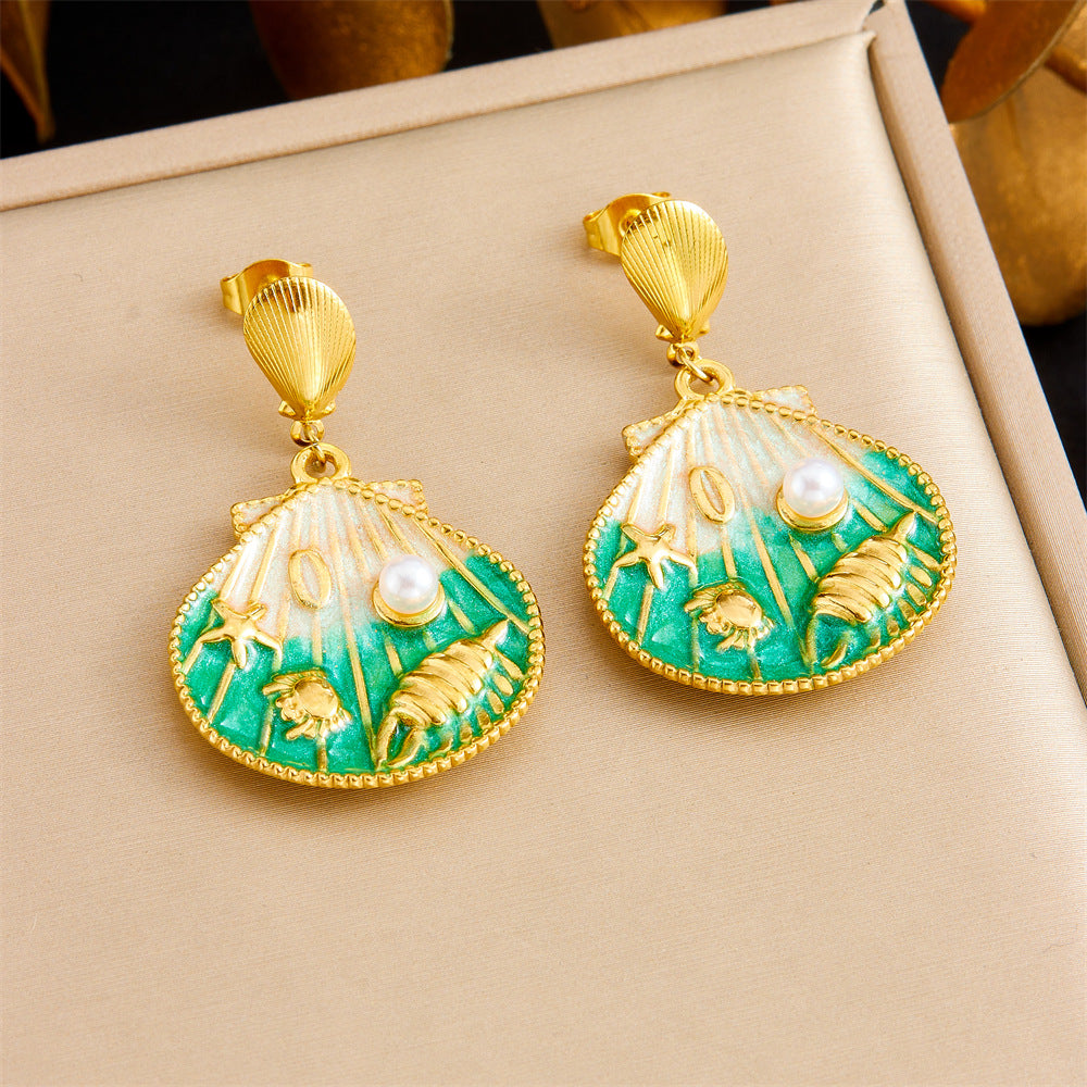 Pendientes de acero inoxidable para mujer con colgante de esmalte de vieira, estrella de mar y concha, con diseño de dibujos animados, bonitos, inspirados en el océano y con degradado.
