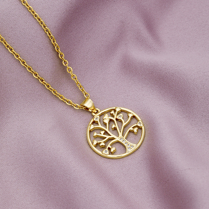 Collar con Colgante Minimalista Árbol de la Vida para Mujer en Cobre con Incrustaciones de Circones y Cadena O de Acero Inoxidable con Baño al Vacío