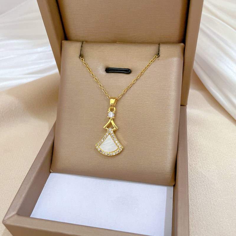 Elegant Geometric Shell Skirt Pendant Necklace and Earrings Set in Titanium Steel with Plated Finish for Women
