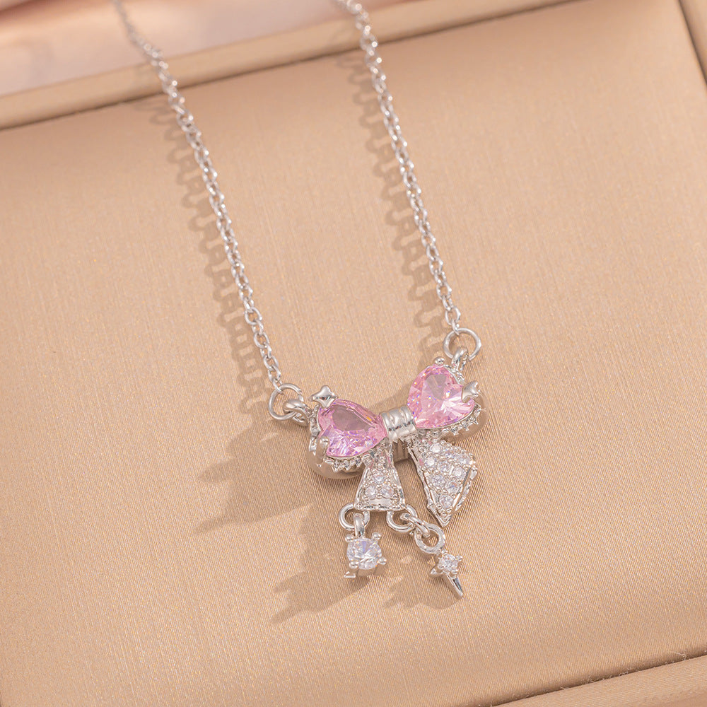 Fashionable Bowknot Pendant Necklace Set for Women in Titanium Steel with Rhinestone Inlay and O-Chain