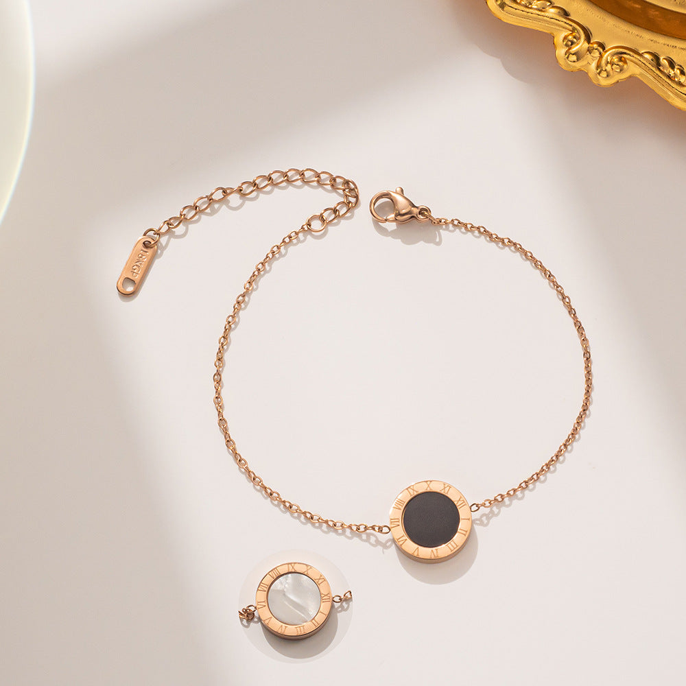 Minimalist Round Roman Numeral Bracelet in Titanium Steel with 18K Rose Gold Plating for Women