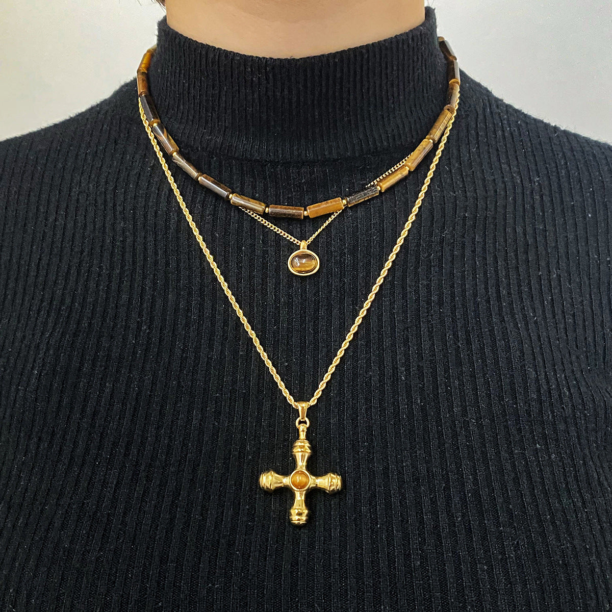 Geometric Tiger Eye Pendant Necklace in Stainless Steel with Plated Finish for Women Minimalist Locket Chain Jewelry