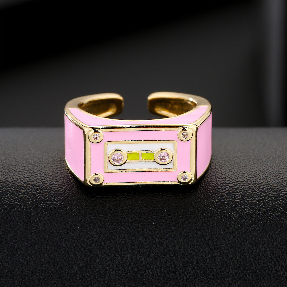 Anello aperto regolabile a forma di robot in stile punk in rame con micro incastonatura a pavé