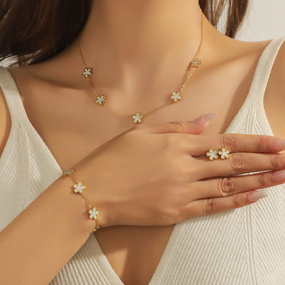 Minimalist Gold Plated Stainless Steel Heart Butterfly Teardrop Pearl Jewelry Set for Women