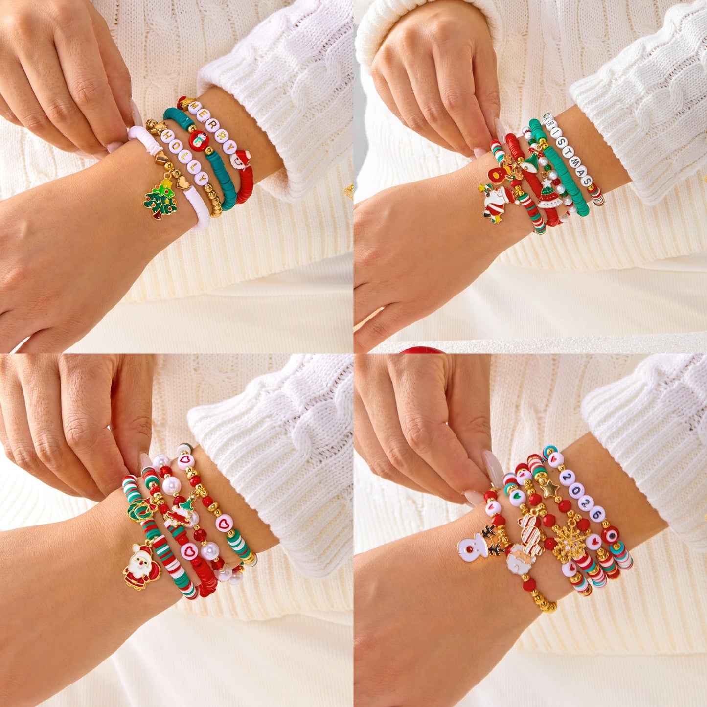 Sweet-Edgy Christmas-Themed Animal-Shaped Alloy Bracelet Set with Electroplated Finish and Elastic Cord