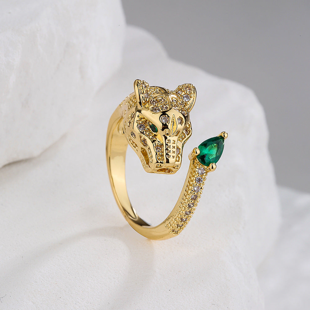 Minimalist Geometric Leopard-Shaped Copper Ring with 18K Gold Plating and Micro-Pavé Zirconia for Women