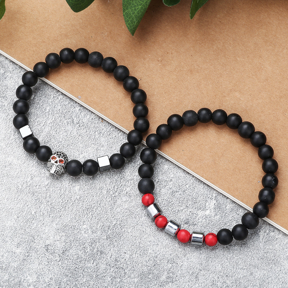 Micro-Paved Cubic Zirconia Geometric Skull Bracelet Set with Matte Black and Red Turquoise Beads