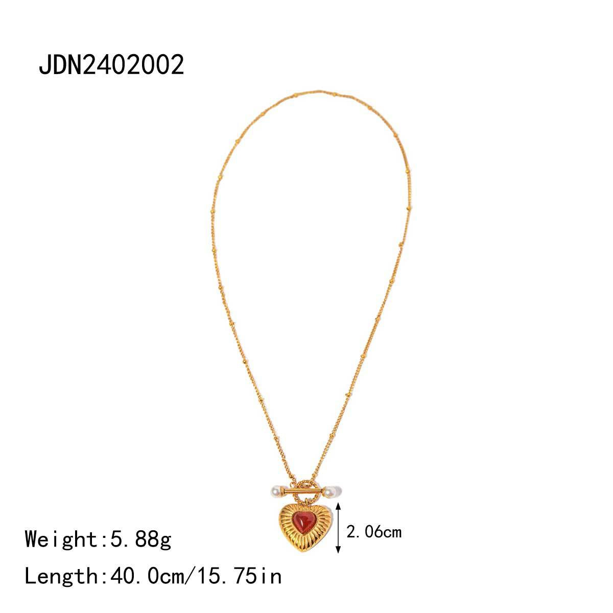Collana alla moda in acciaio inossidabile placcato oro 18 carati a forma di cuore con ciondolo in agata rossa e perla da donna