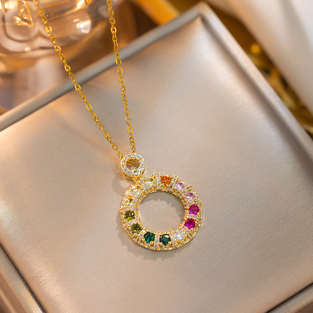 Minimalist Geometric Donut Pendant Necklace for Women in Titanium Steel with Colorful Zircon Inlay and Polished Finish