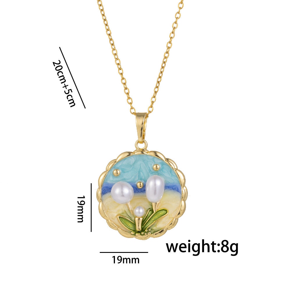 Elegant French Vintage Enamel Floral Pendant Necklace with Freshwater Pearl and Titanium Steel Chain