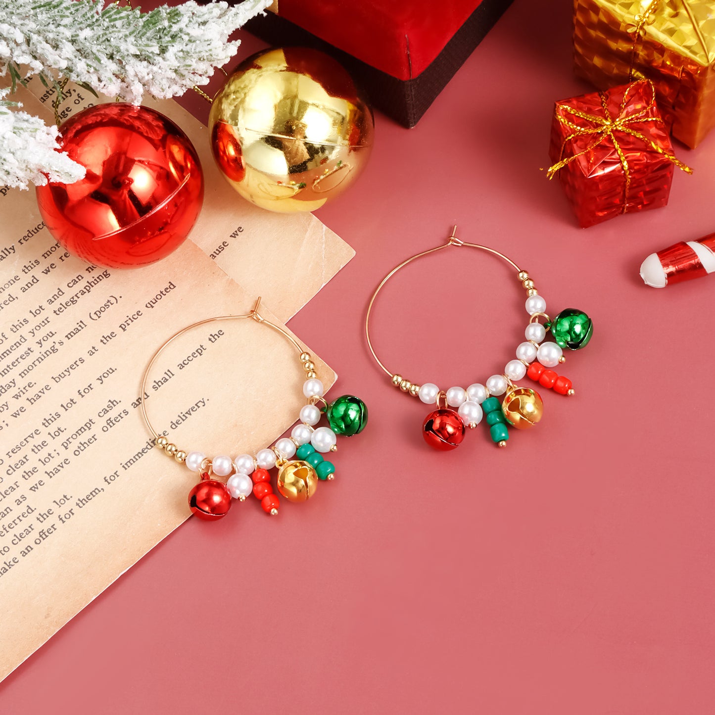 Cartoon Character Shaped Alloy Hoop Earrings with Pearl and Colorful Bell Accents for Women Christmas and New Year Festive Gift