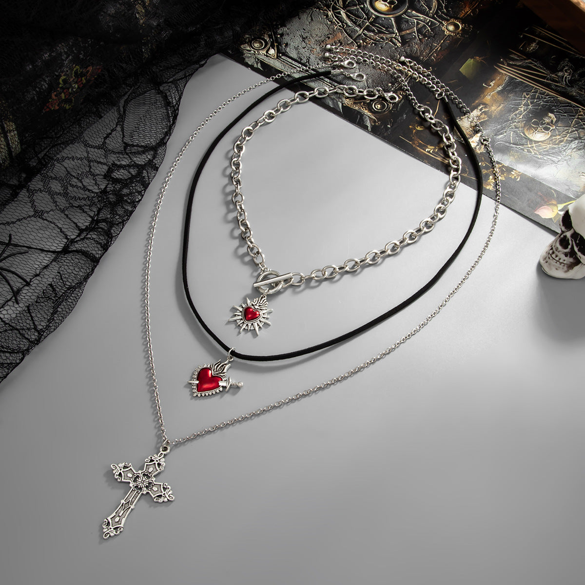 Sweet Punk Drip Oil Plated Alloy Heart Cross Pendant Necklace for Women