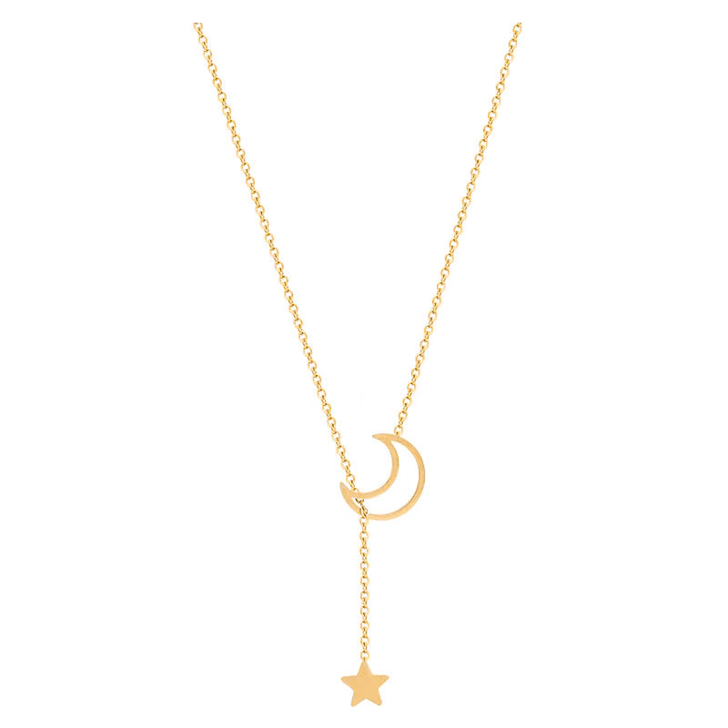 Collana girocollo minimalista a stella e luna geometriche in acciaio al titanio con intarsio di strass da donna