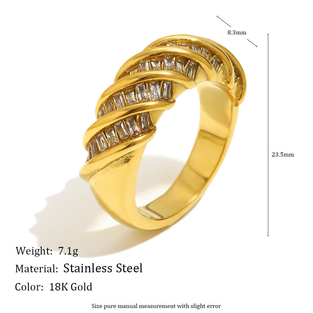Minimalist Geometric Stainless Steel Ring with 18K Gold Plating and Twisted Rectangular Band for Women