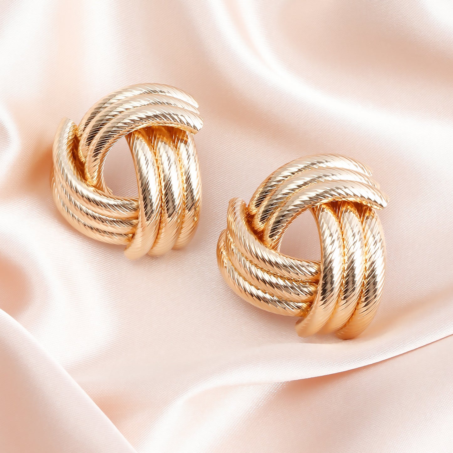Vintage Geometric Metal Stud Earrings with Hollow Interwoven Design and Electroplated Finish