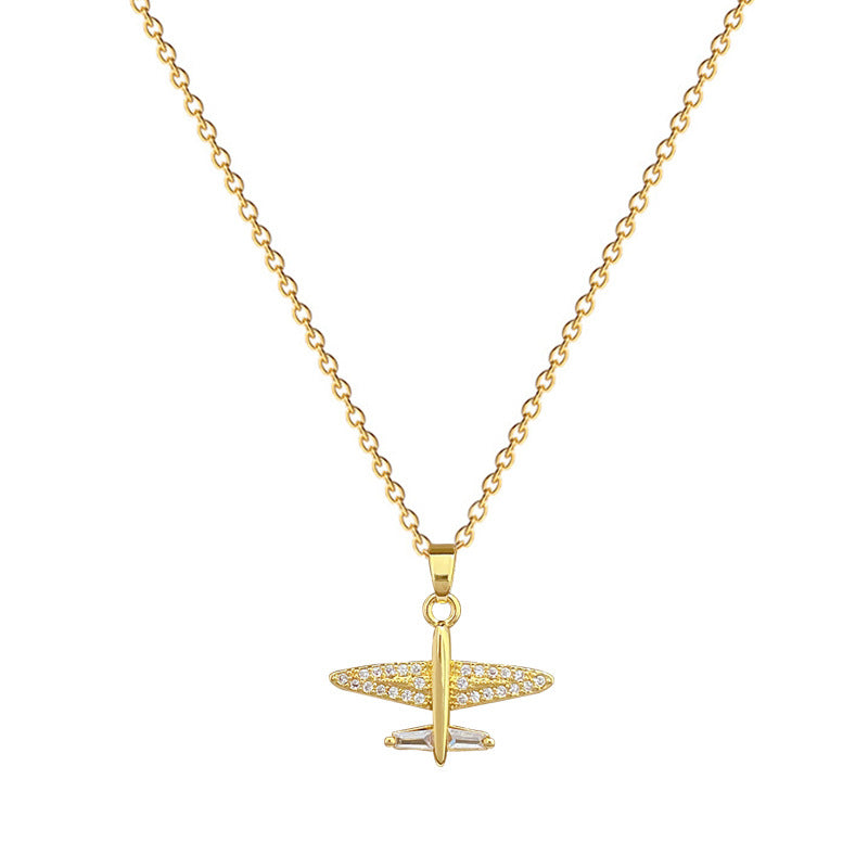 Collana Minimalista in Acciaio al Titanio a Forma di Aereo con Intarsio di Strass da Donna, Ciondolo Geometrico su Catena in Acciaio al Titanio