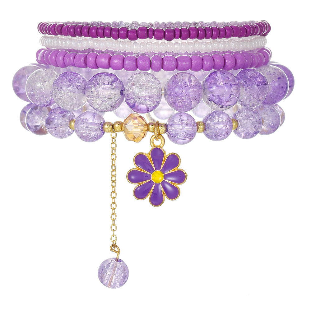 Sweet Handmade Crystal Seed Bead Daisy Flower Elastic Bracelet Set