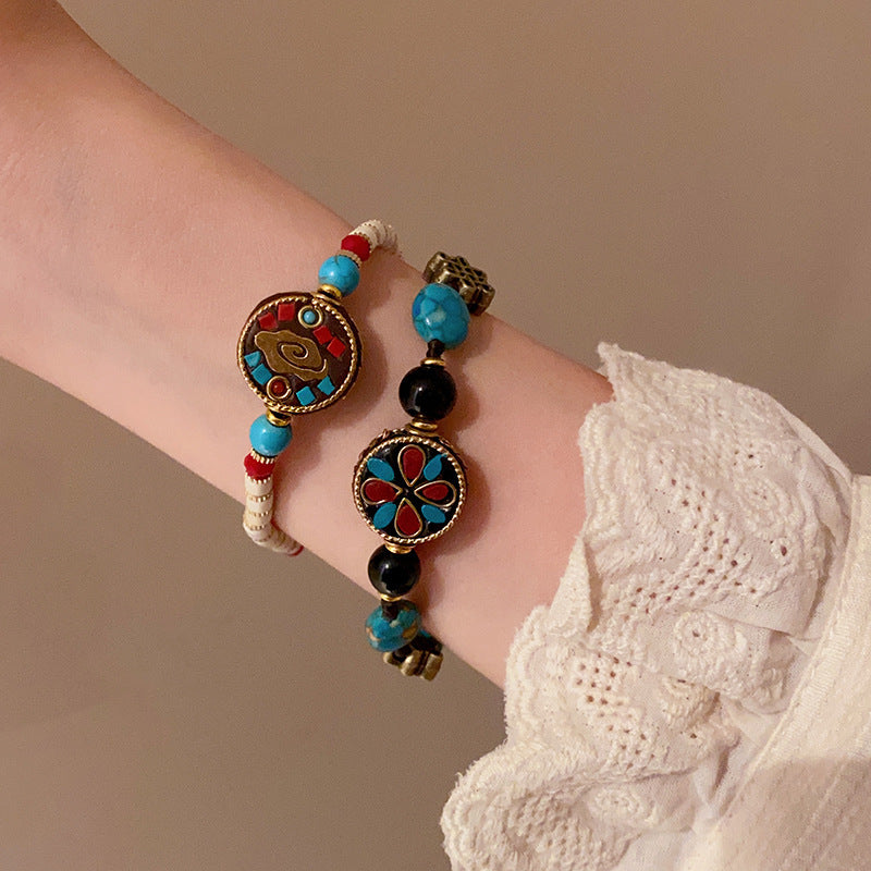 Vintage Ethnic Geometric Round Alloy Beaded Bracelet for Women