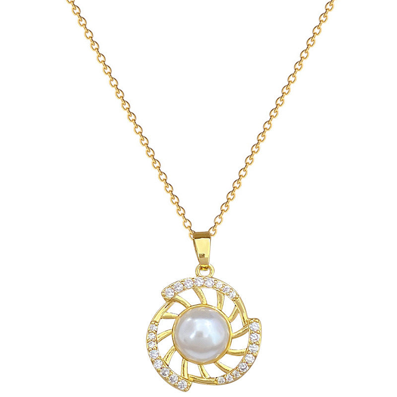 Conjunto de collar y pendientes de perlas giratorias de acero de titanio de lujo con incrustaciones completas de diamantes de imitación para mujer, diseño geométrico, joyería elegante para fiesta
