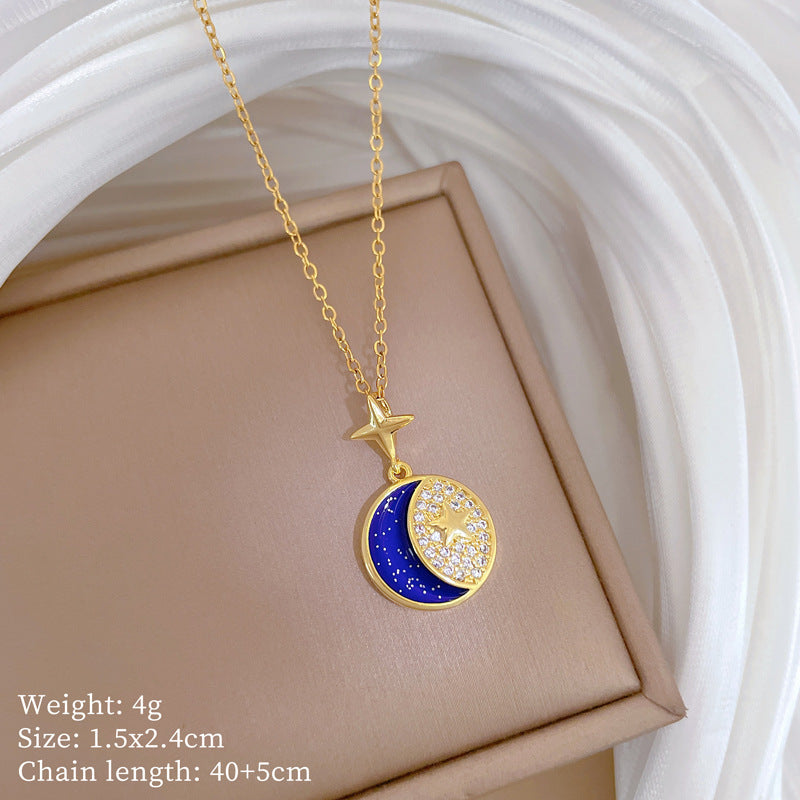 Sweet Star Moon Geometric Titanium Steel Necklace with Cubic Zirconia Brass Pendant for Unisex