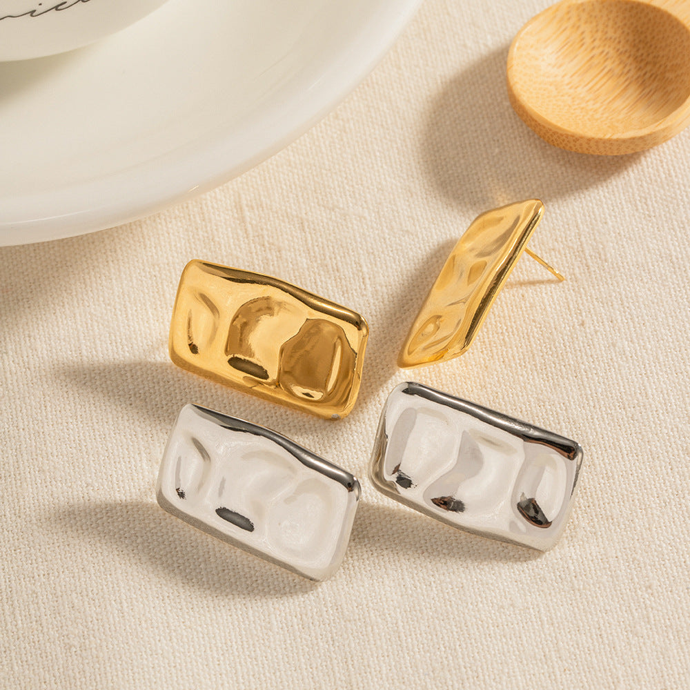 Minimalist Geometric Titanium Steel Earrings with 18K Gold Plating Square Hammered Texture Hypoallergenic Studs for Women