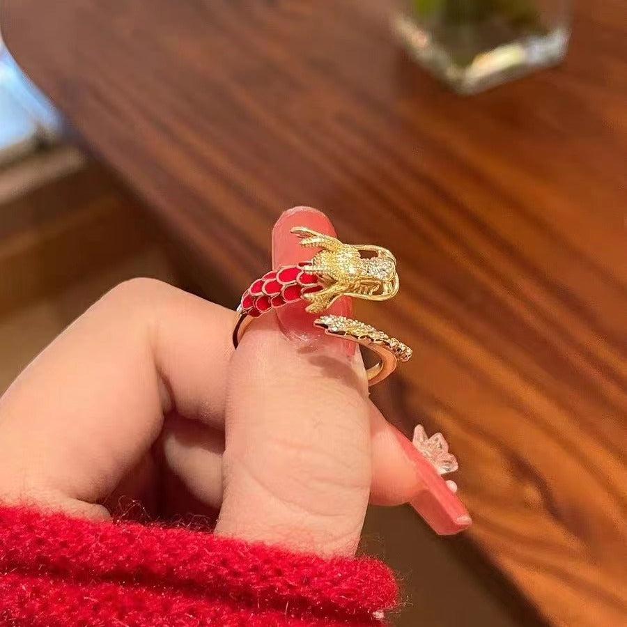 Original Design Dragon Shape Copper Ring with 18K Gold Plating for Women and Men, Red Oxidized Luxury Adjustable Band