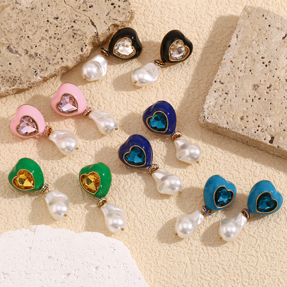 Fashionable Heart-Shaped Stainless Steel Earrings with 18K Gold Plating and Enamel Finish for Women