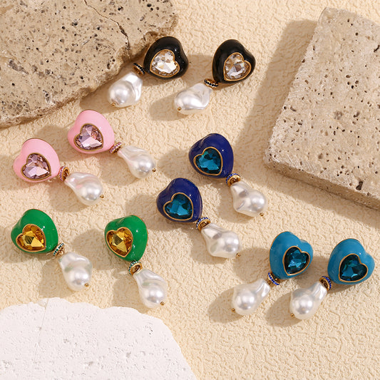 Fashionable Heart-Shaped Stainless Steel Earrings with 18K Gold Plating and Enamel Finish for Women