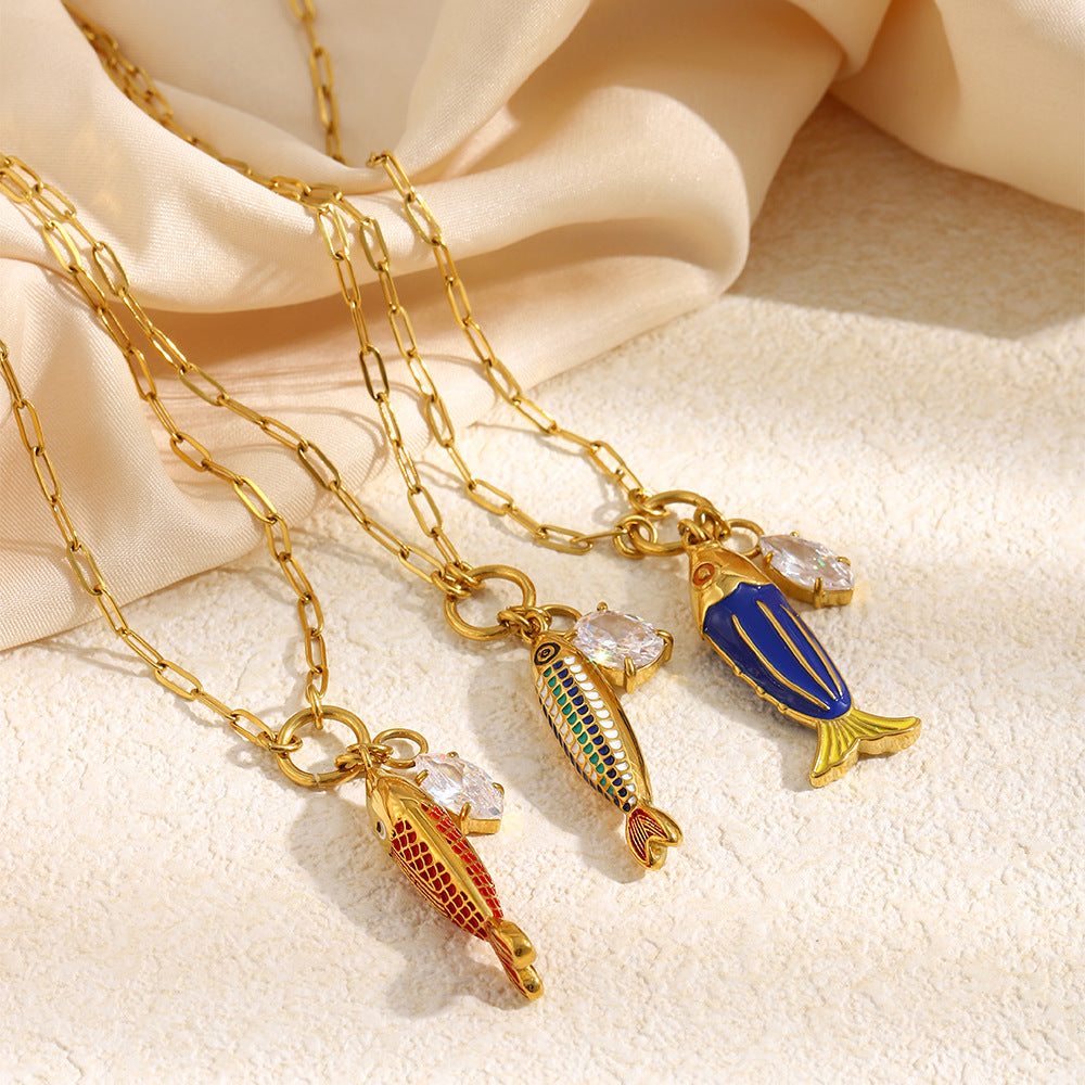 Elegant Luxury 18K Gold Plated Stainless Steel Drip Oil Fish Pendant Necklace with Cubic Zirconia for Women