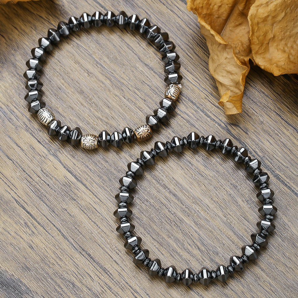 Men's Faceted Hematite and Alloy Beaded Bracelet Set with Geometric Cross Charms