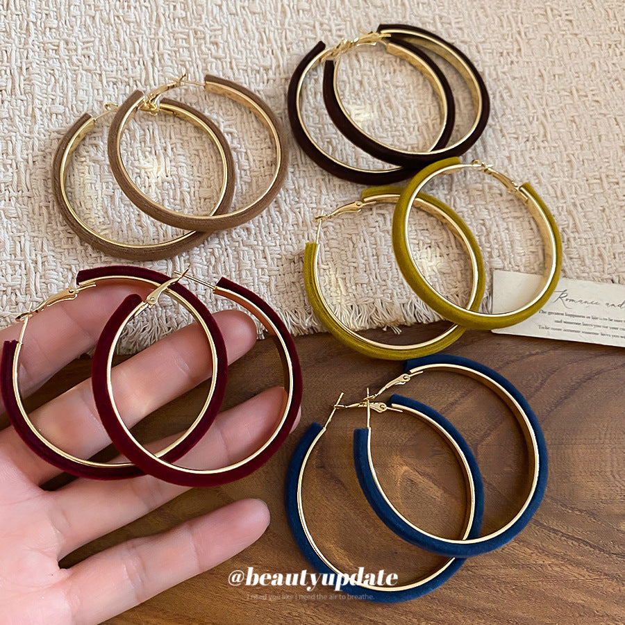 Pendientes de aro redondos geométricos minimalistas de terciopelo flocado para mujer de plata de ley 925