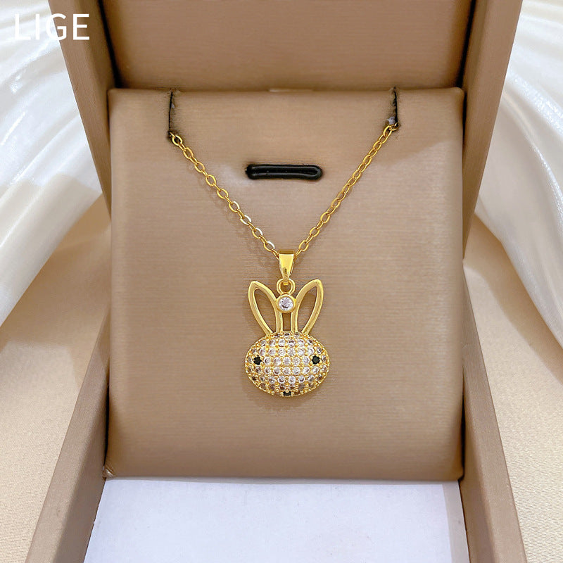 Sweet Luxury Cartoon Moon Geometric Rhinestone Pendant Titanium Steel Necklace for Unisex