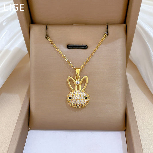 Sweet Luxury Cartoon Moon Geometric Rhinestone Pendant Titanium Steel Necklace for Unisex