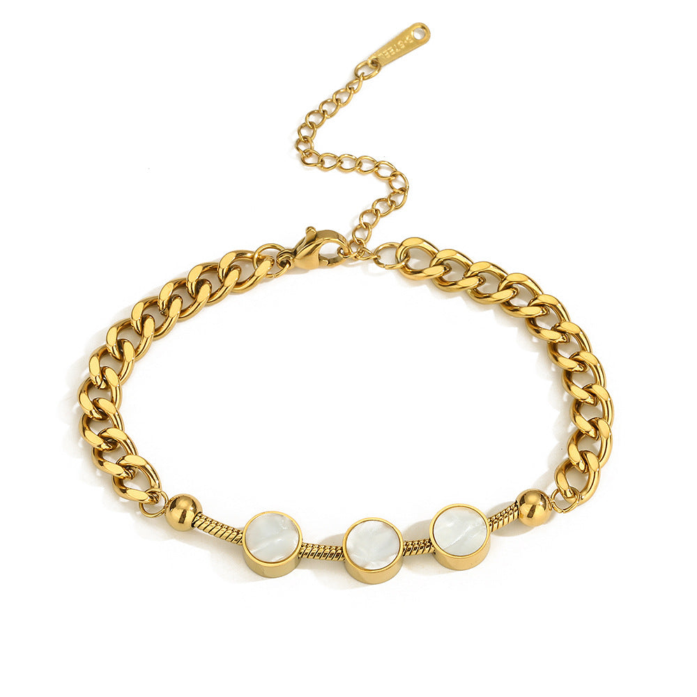 Bracciale geometrico minimalista in acciaio al titanio da donna con intarsio in conchiglia Accessorio di moda d'ispirazione vintage
