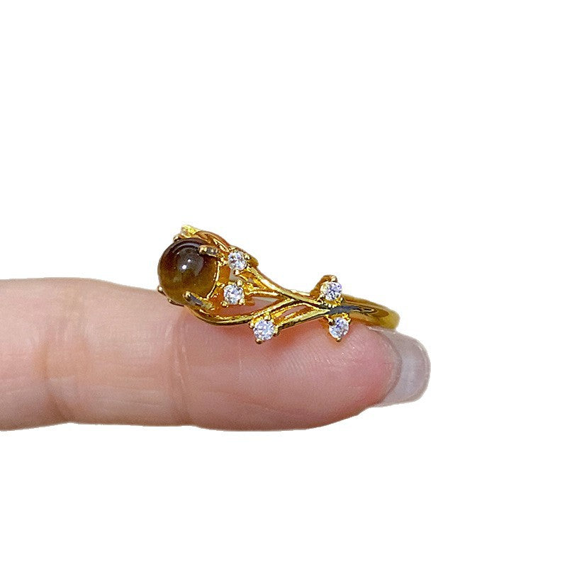Anillo de Cobre Bañado en Oro Mate con Forma Geométrica, Ojo de Tigre y Circonitas para Mujer, Estilo Vintage Artístico Minimalista para Dedo Índice