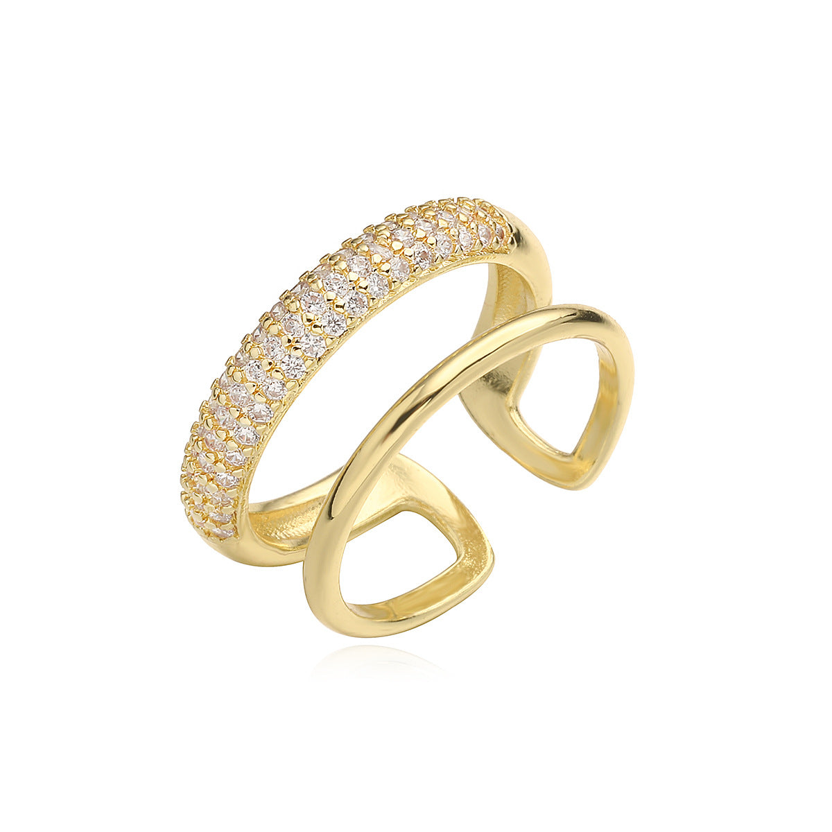 Anello Aperto Geometrico Minimalista da Donna in Ottone con Placcatura in Oro Vero e Intarsi in Zircone