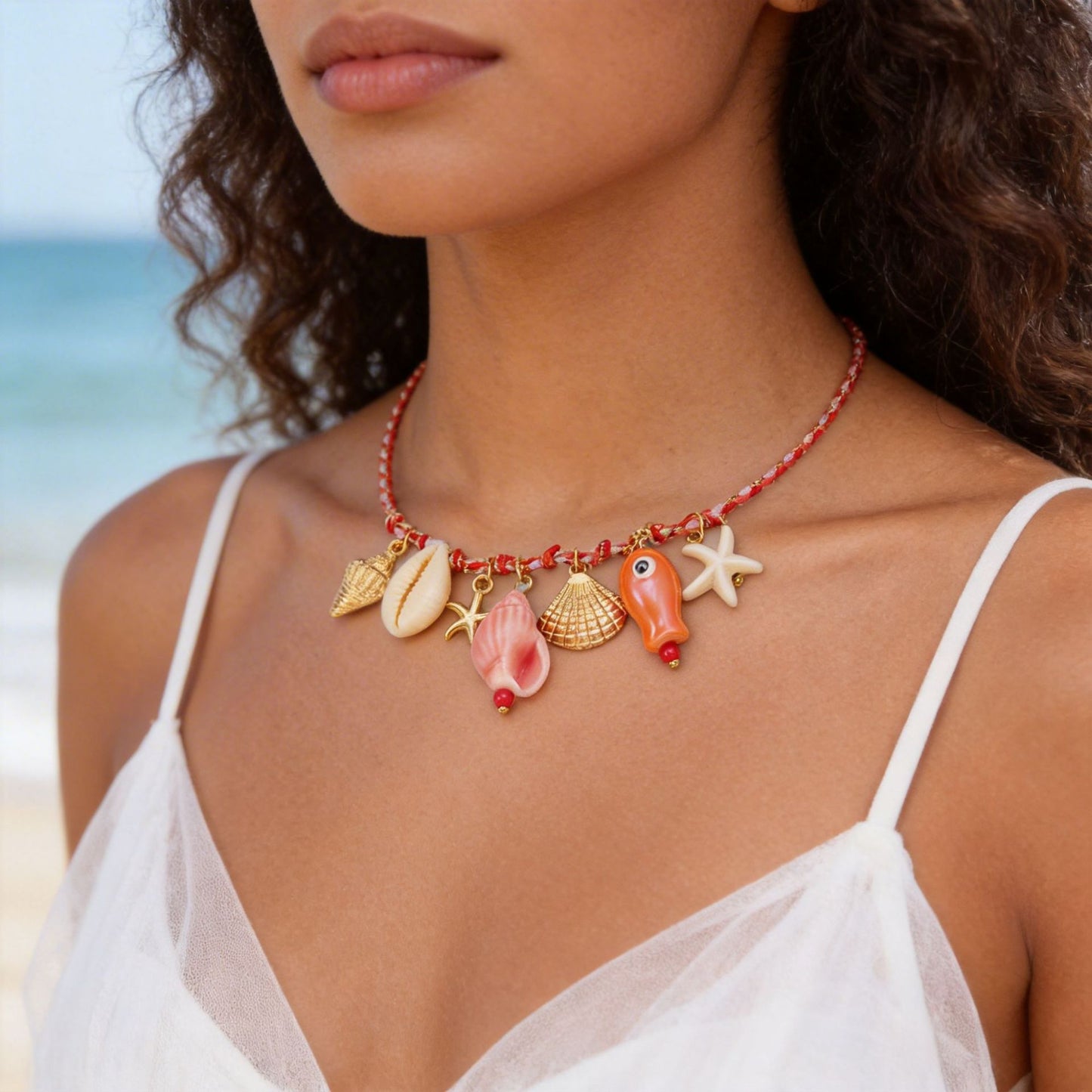 Bohemian Ceramic Shell Dolphin Fish Pendant Necklace with Colorful Cable Chain
