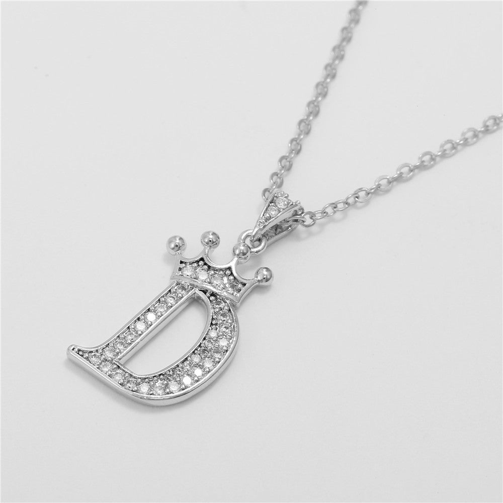 Minimalist Crown Letter Cubic Zirconia Micro-inlay Brass Necklace with Cable Chain