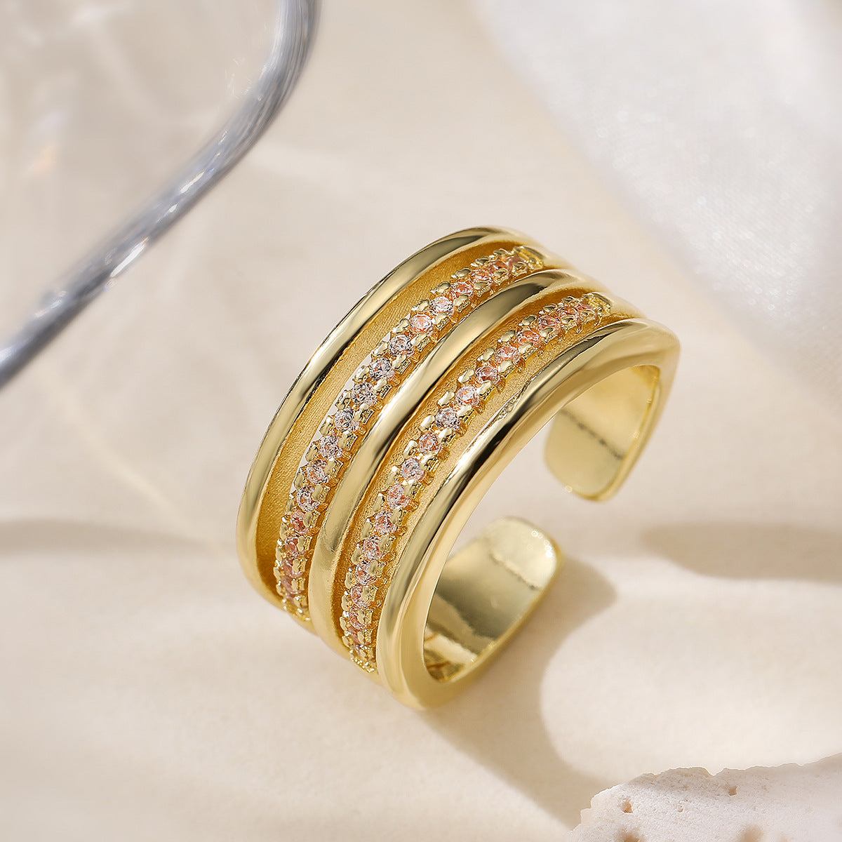 Minimalist Geometric Open Ring for Women with Micro-Paved Zirconia on Brass