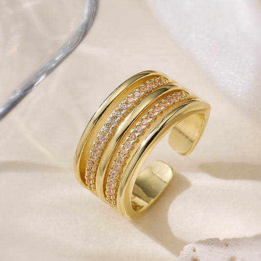 Anillo abierto geométrico minimalista para mujer con circonitas micropavé sobre latón