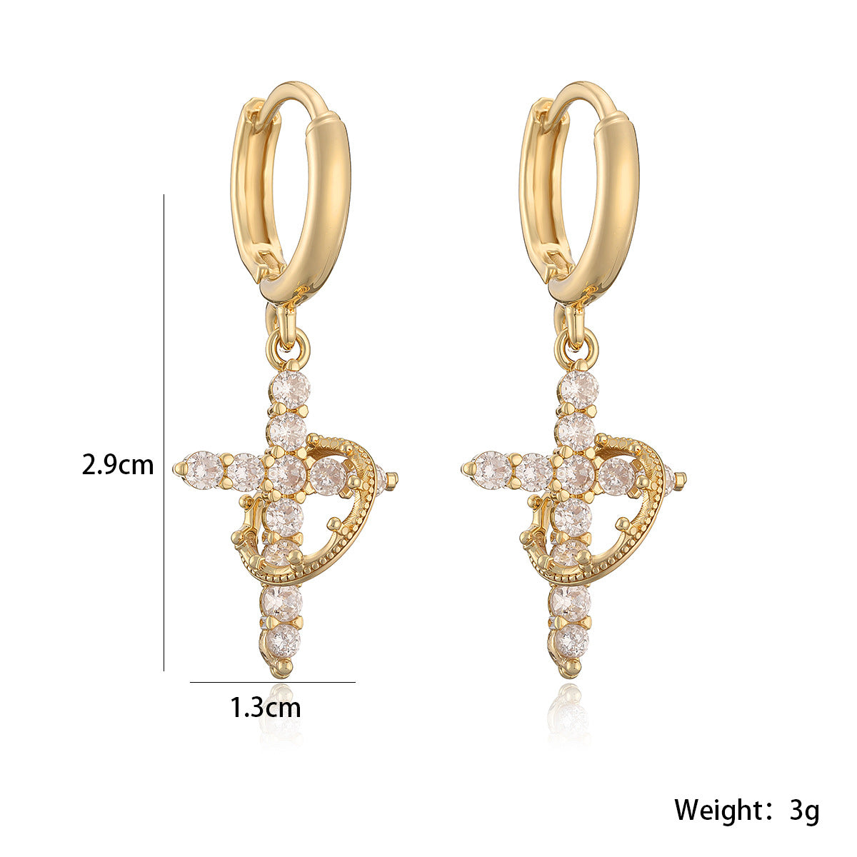 Luxury 18K Gold Plated Brass Cross Earrings with Cubic Zirconia for Women